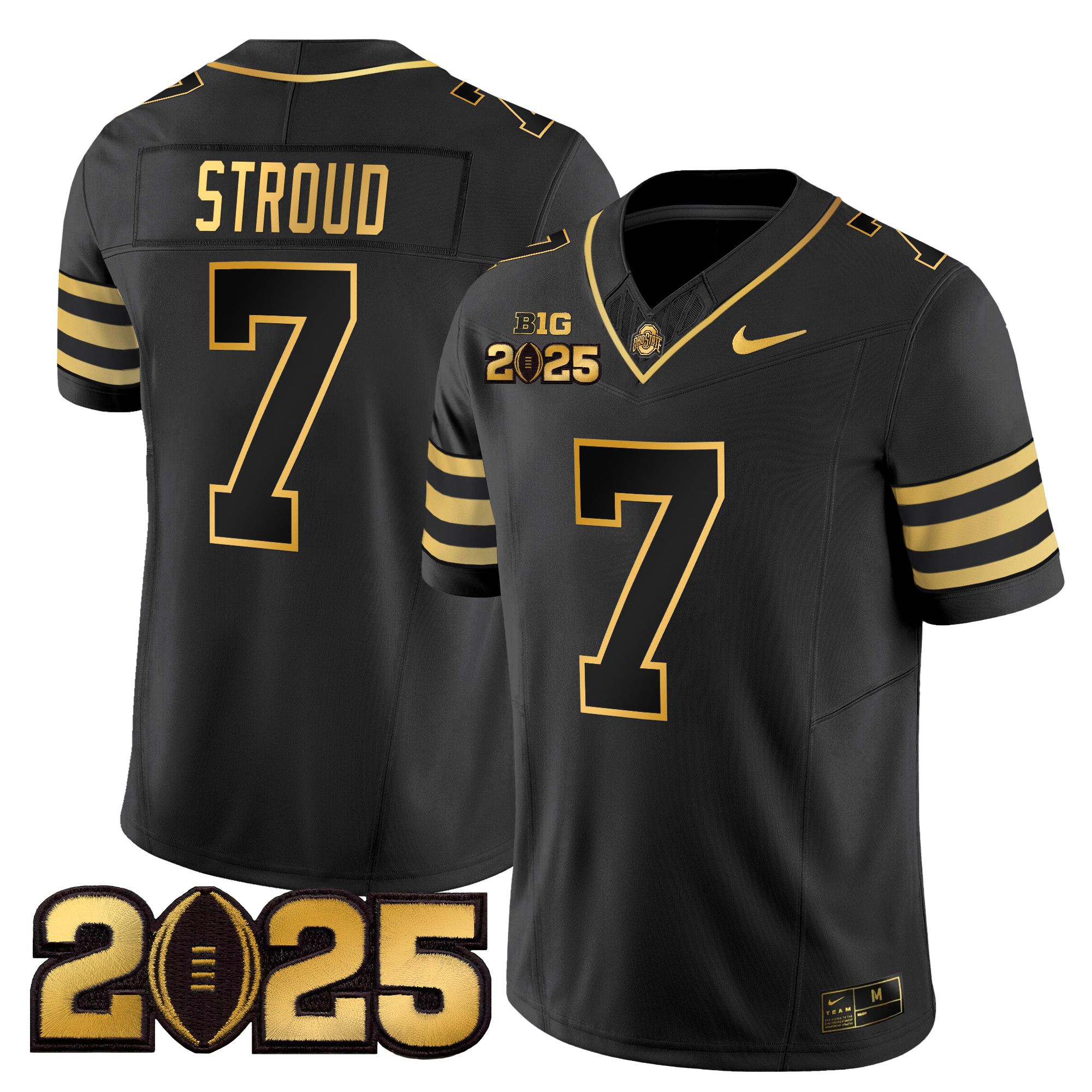 Men Ohio State Buckeyes #7 Stroud Black 2025 CFP Final Patch Gold Vapor Limited NCAA Jersey style 1